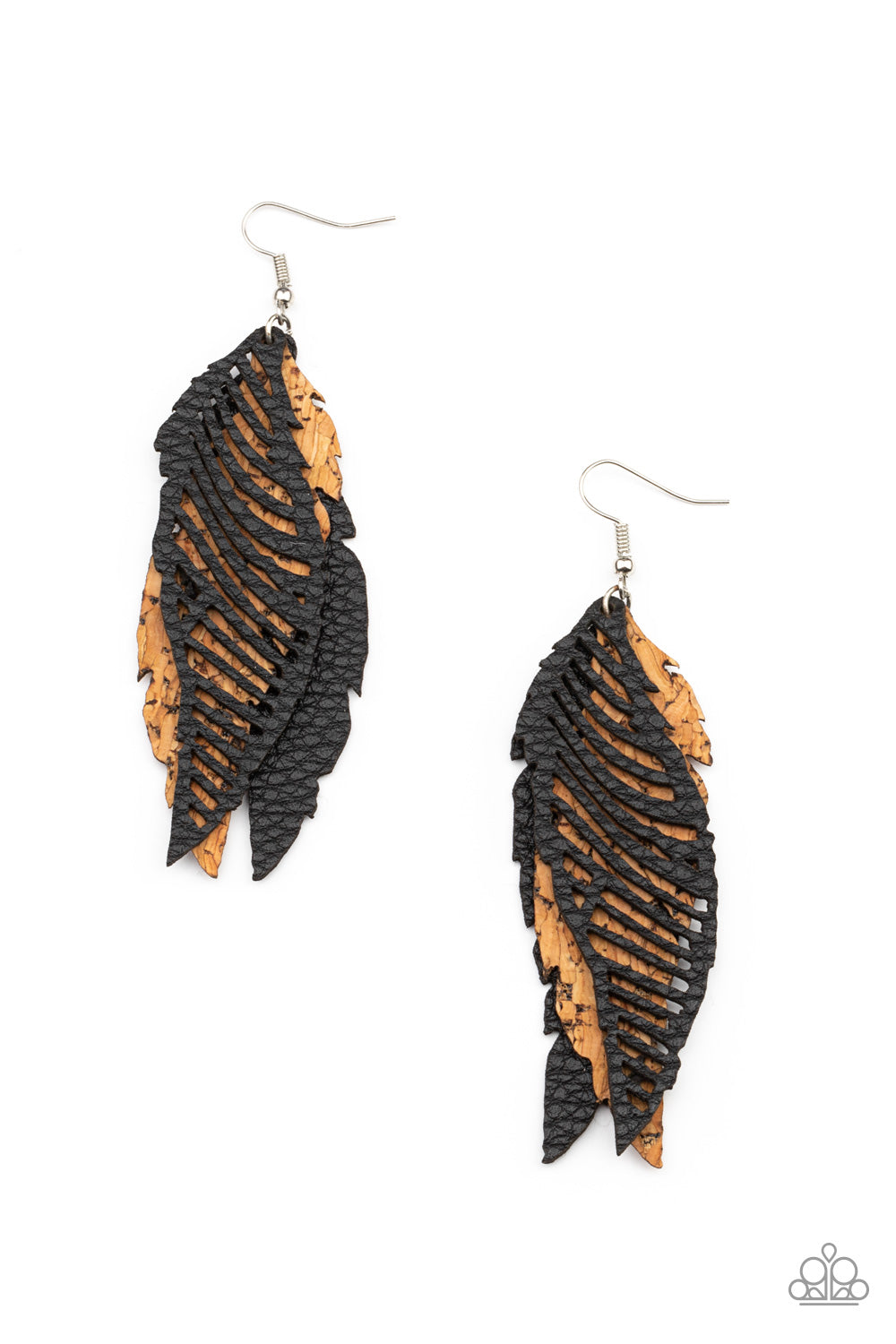 WINGING Off The Hook - Black leather/cork earrings